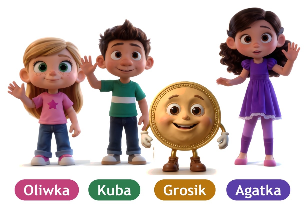 Oliwka, Kuba, Grosik i Agatka machają do czytelnika